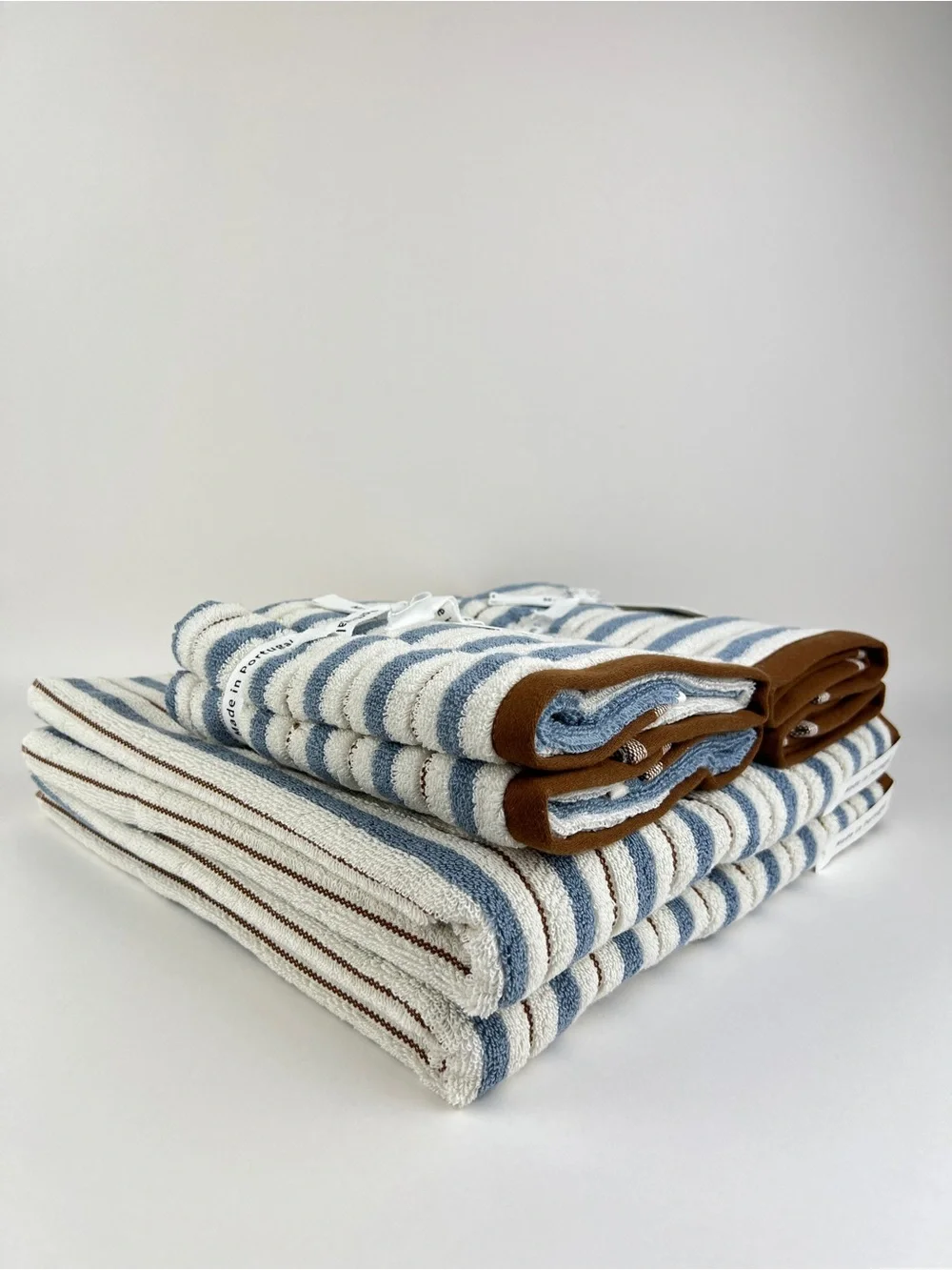 Bianca Bath Towel Set Blue Cream Brown Striped Soft Cotton Portugal 6 Pc NEW